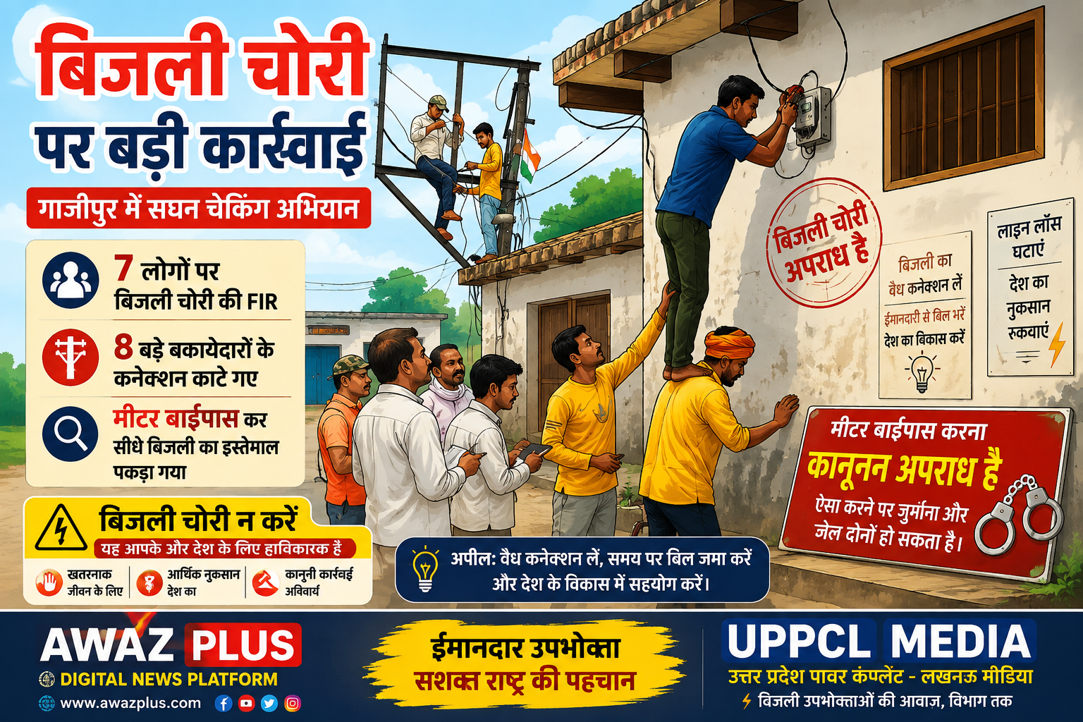 गाजीपुर में बिजली चोरी पर छापा:मीटर:बाईपास कर जला रहे थे बिजली, 7 लोगों पर FIR