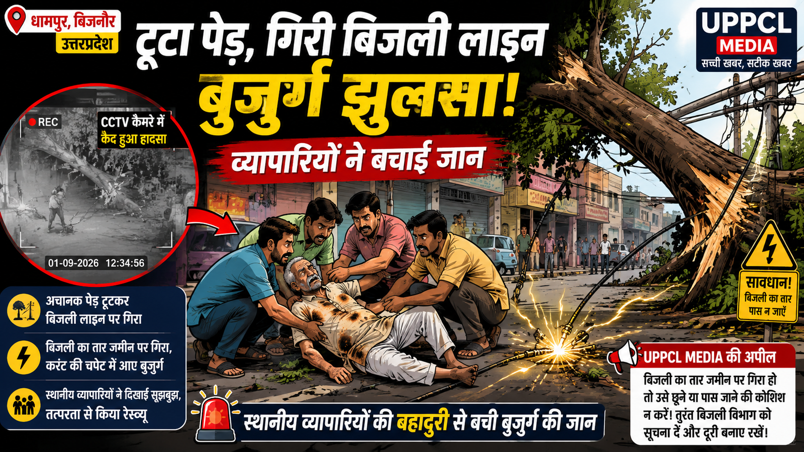 धामपुर में टूटा पेड़, जमीन पर:गिरी बिजली लाइन; करंट की चपेट में आया बुजुर्ग