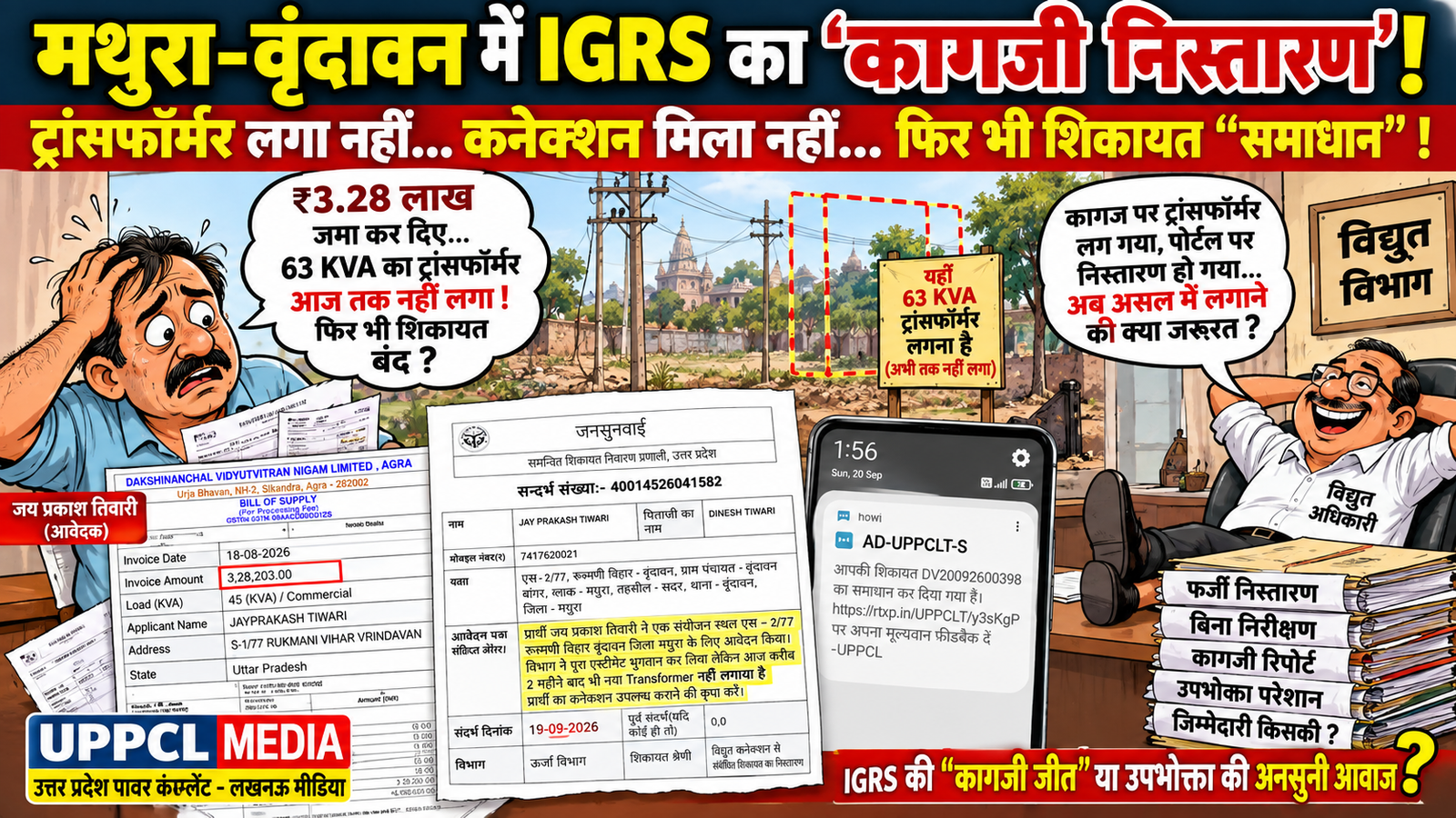 मथुरा-वृंदावन में IGRS निस्तारण पर बड़ा सवाल:ट्रांसफॉर्मर लगा नहीं:कनेक्शन मिला नहीं, फिर भी शिकायत “समाधान” के नाम पर बंद!