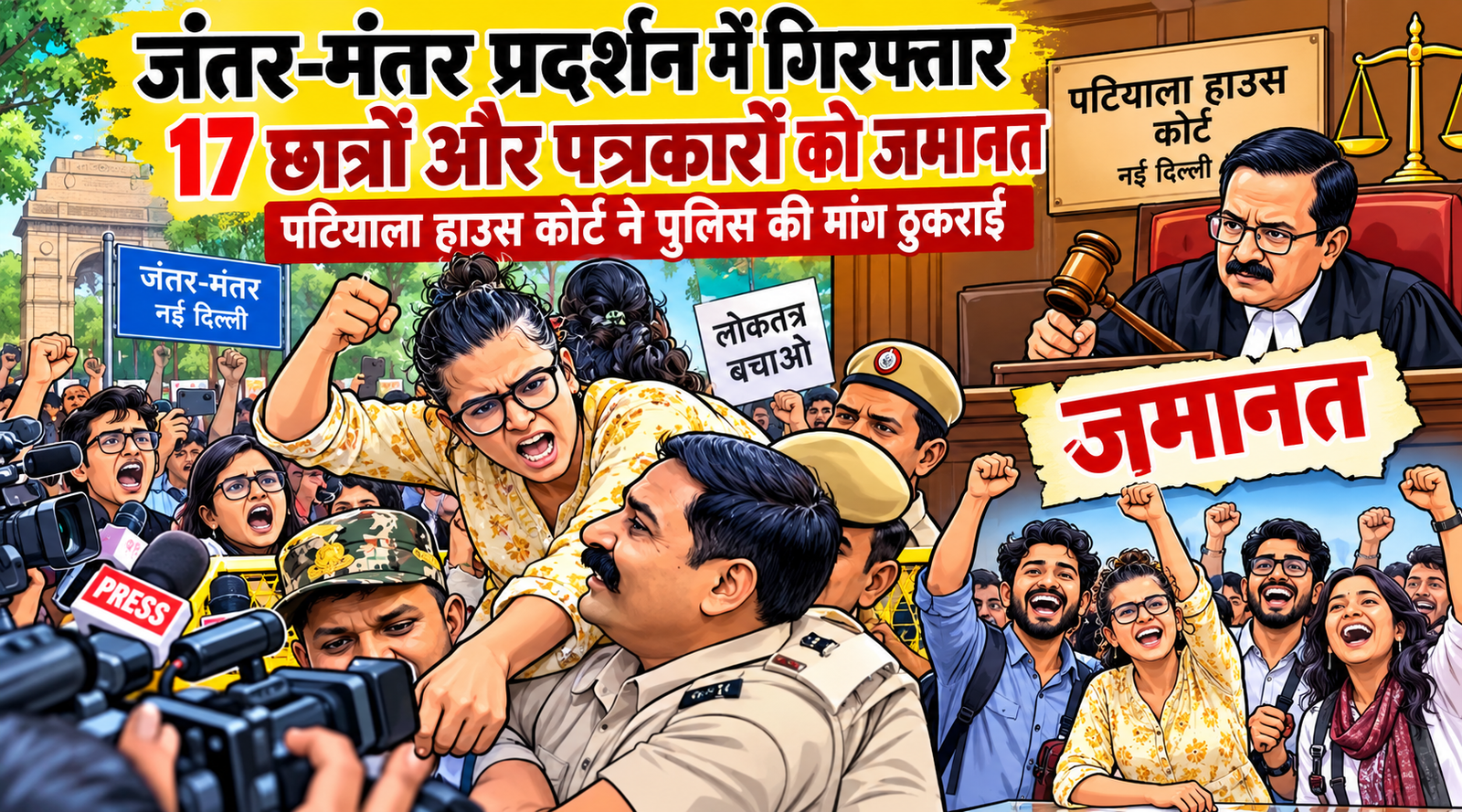 जंतर-मंतर प्रदर्शन में गिरफ्तार 17 छात्रों और पत्रकारों को जमानत:पटियाला हाउस कोर्ट ने पुलिस की मांग ठुकराई