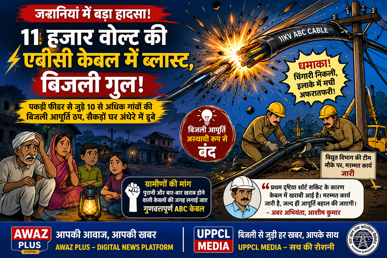 जमानियां में 11 हजार वोल्ट की एबीसी केबल में ब्लास्ट, 10 से अधिक गांवों की बिजली गुल