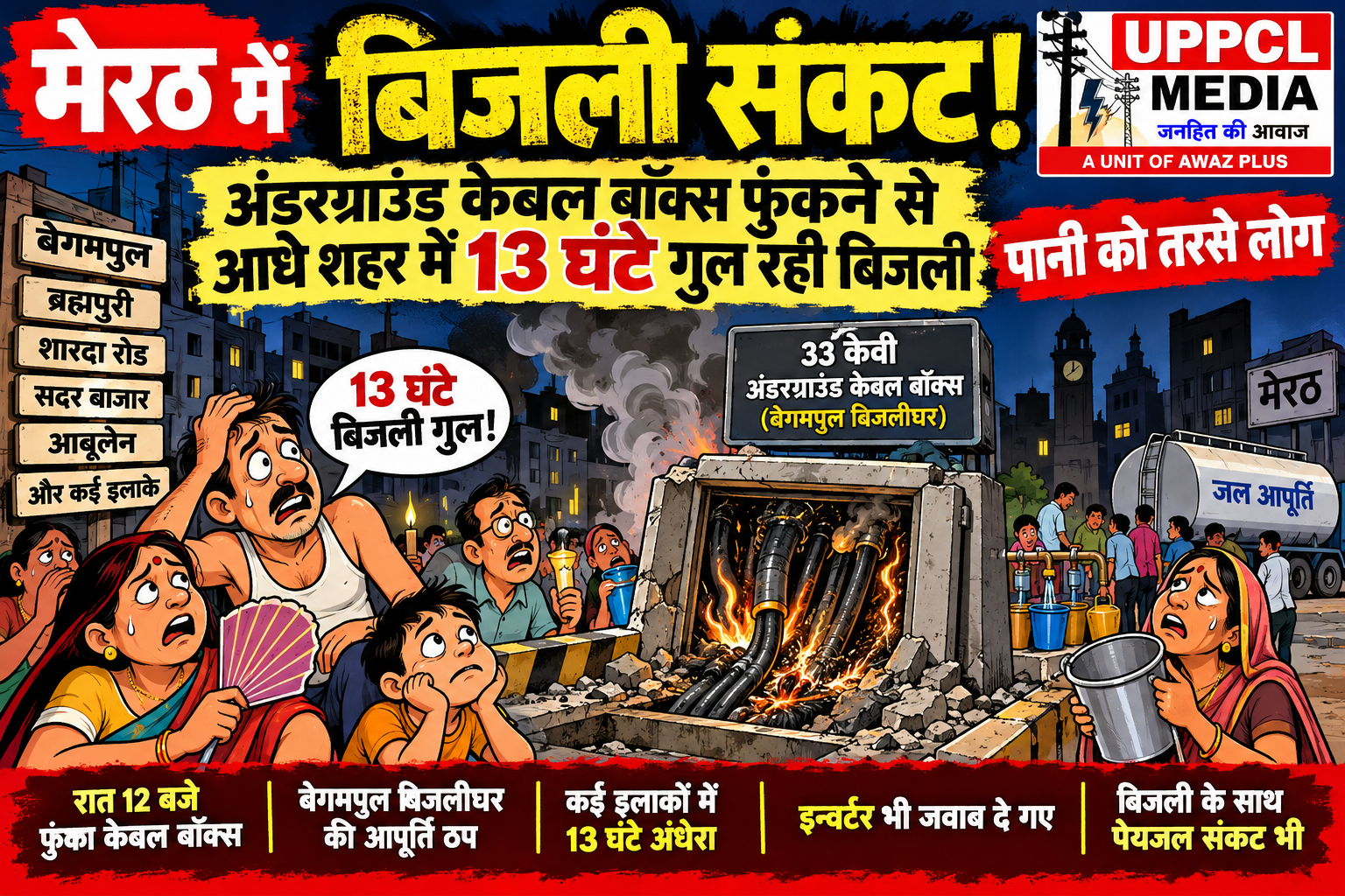 मेरठ में 13 घंटे बिजली गुल, 33 केवी केबल बॉक्स फुंकने से आधा शहर बेहाल