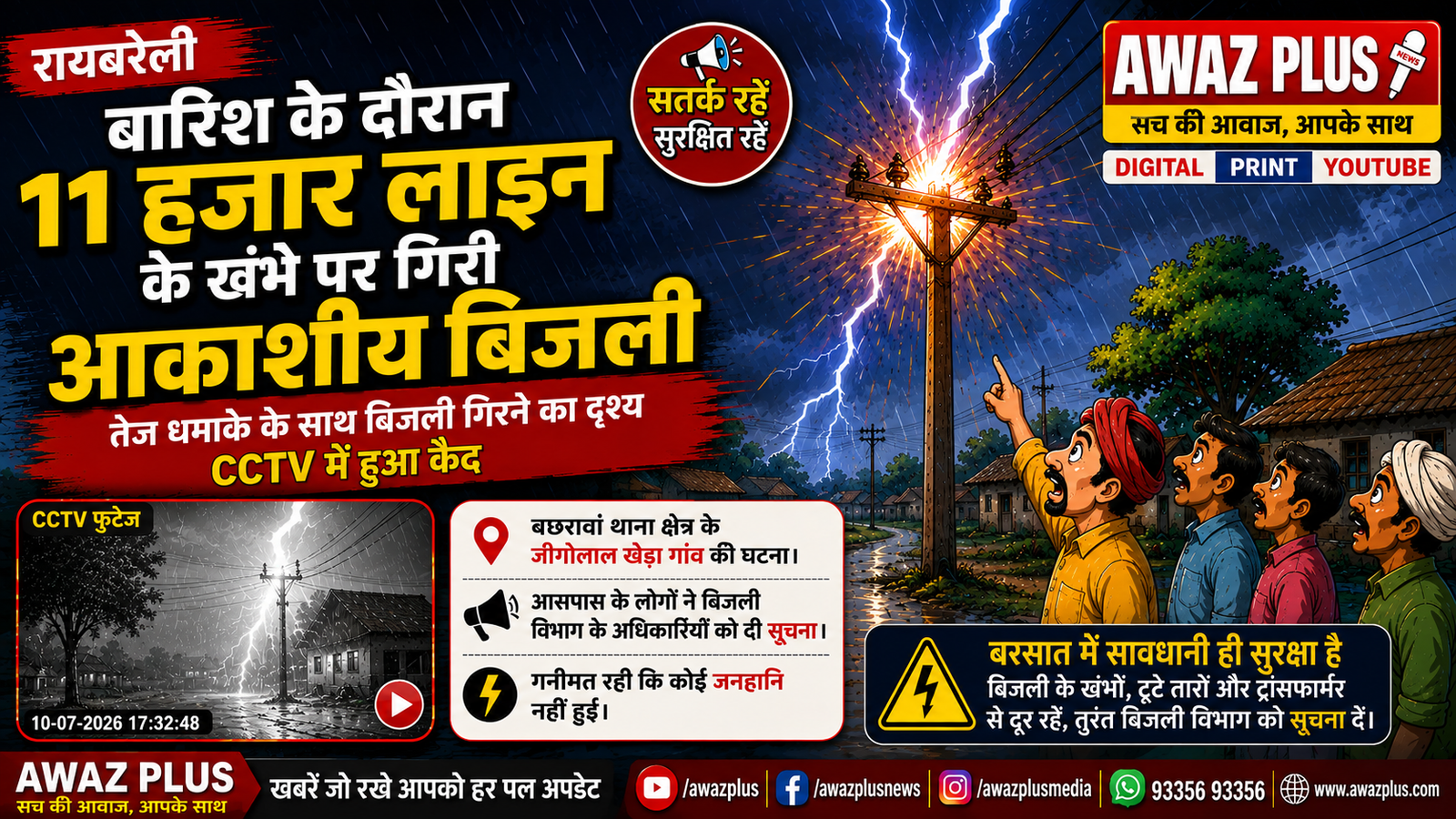 रायबरेली: 11 हजार वोल्ट लाइन के खंभे:पर गिरी आकाशीय बिजली, धमाके का CCTV वीडियो वायरल