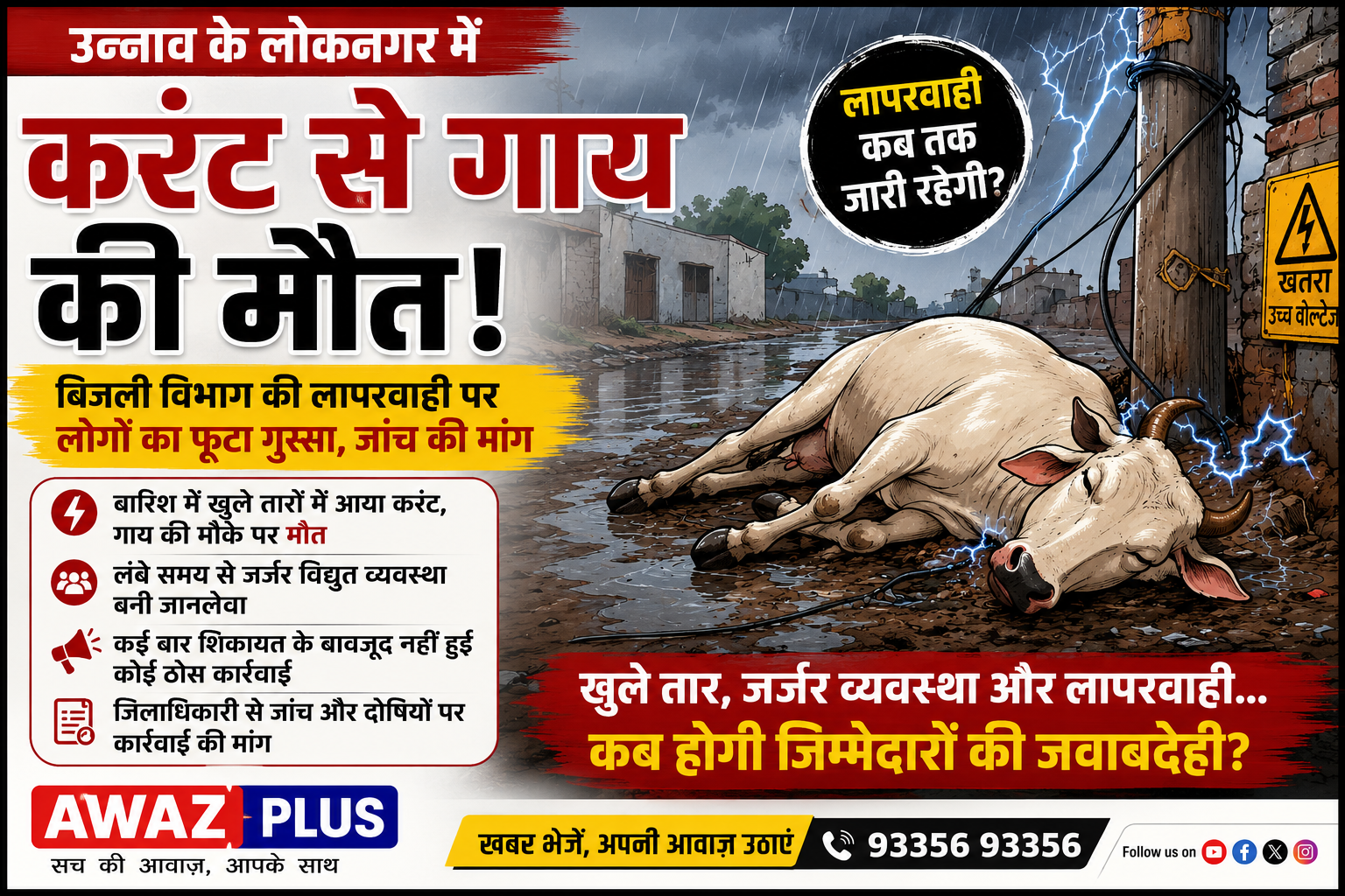 उन्नाव के लोकनगर में करंट से गाय की मौत: बिजली विभाग की लापरवाही पर लोगों का फूटा गुस्सा, जांच की मांग